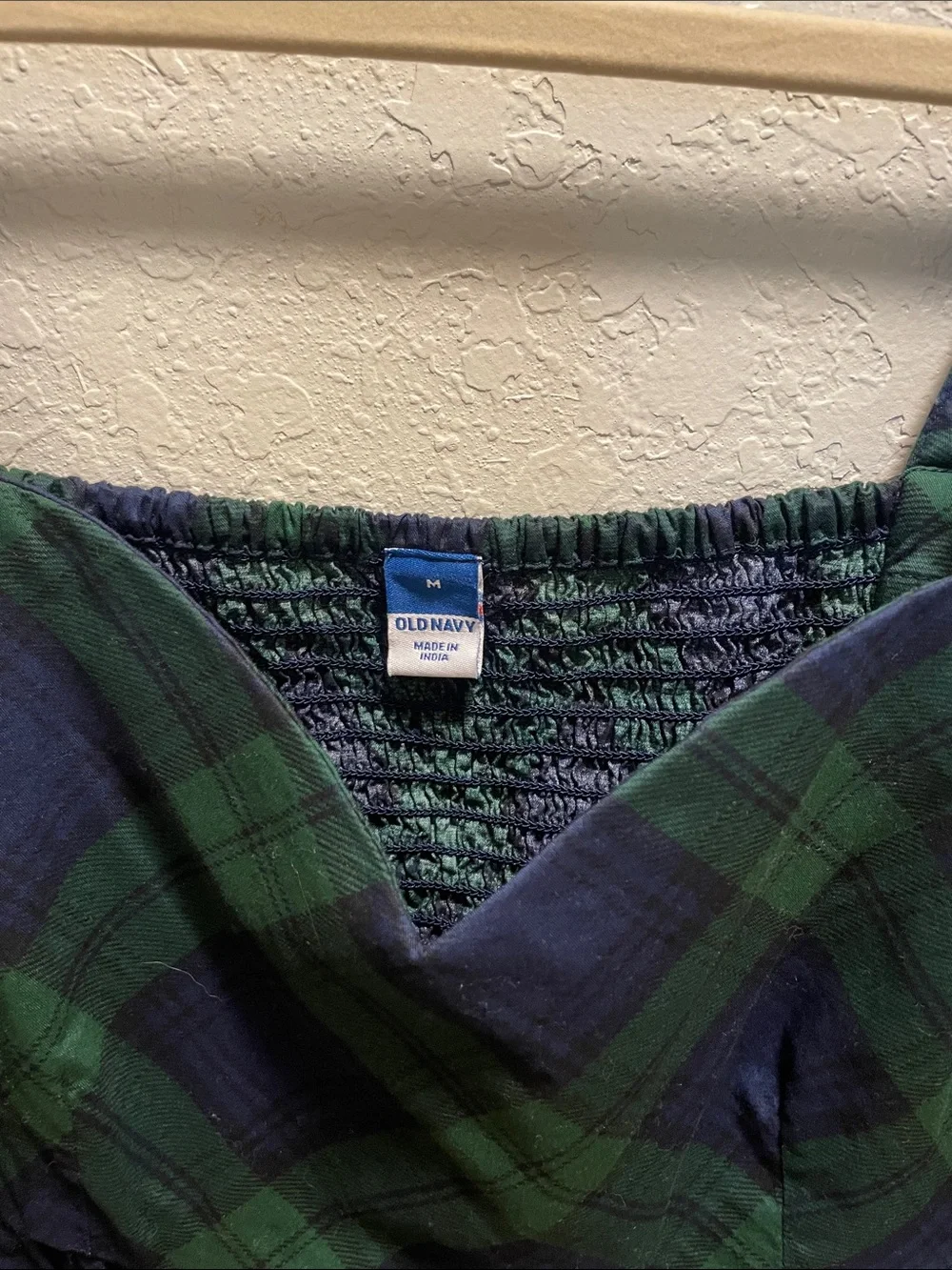 Old Navy Green and Navy Plaid Puff-Sleeve Square-Neck Blouse